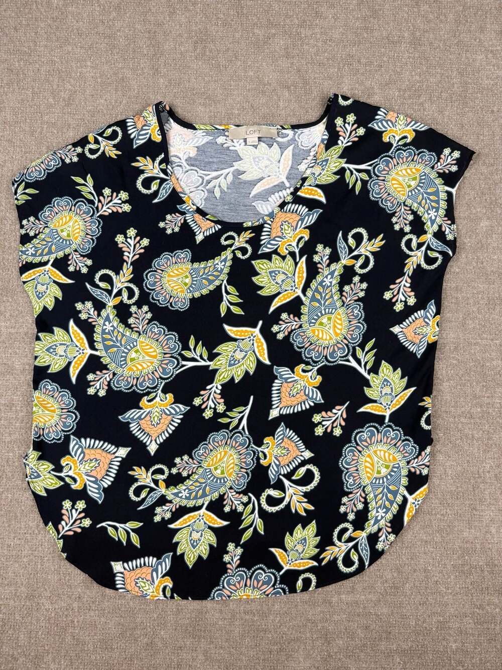 LOFT Women's Navy Blue Paisley Print Short Sleeve Round Neck Blouse